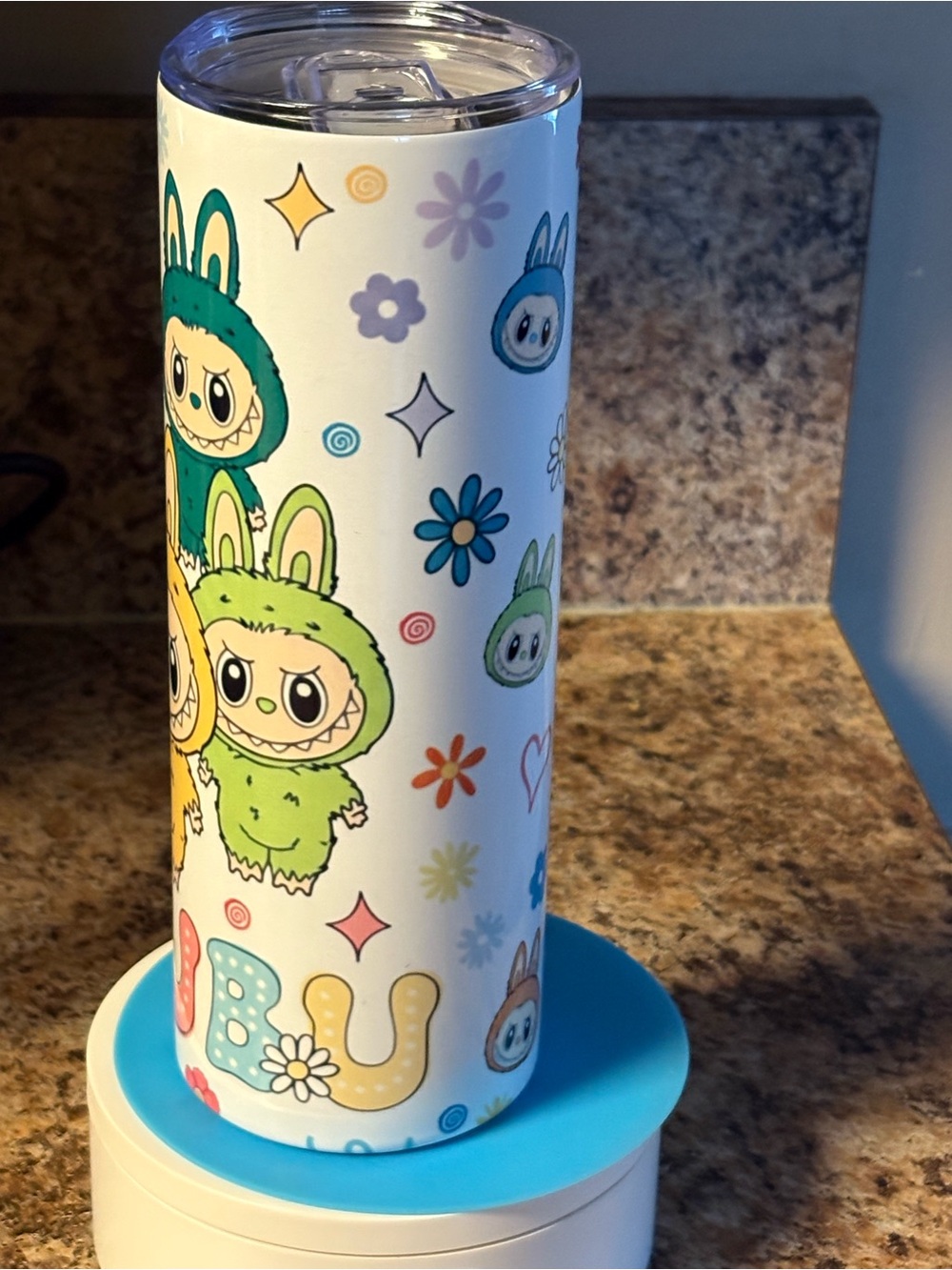 Cute Colorful La bu B bu Characters Tumbler - White with Green & Blue